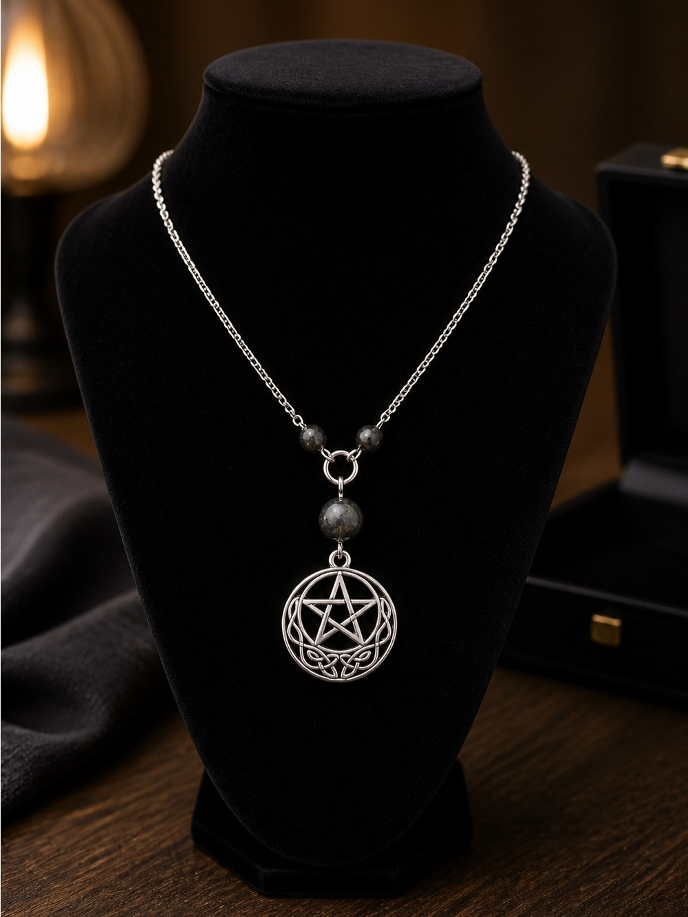 Silver Pentagram Pendant Necklace with Shungite Beads